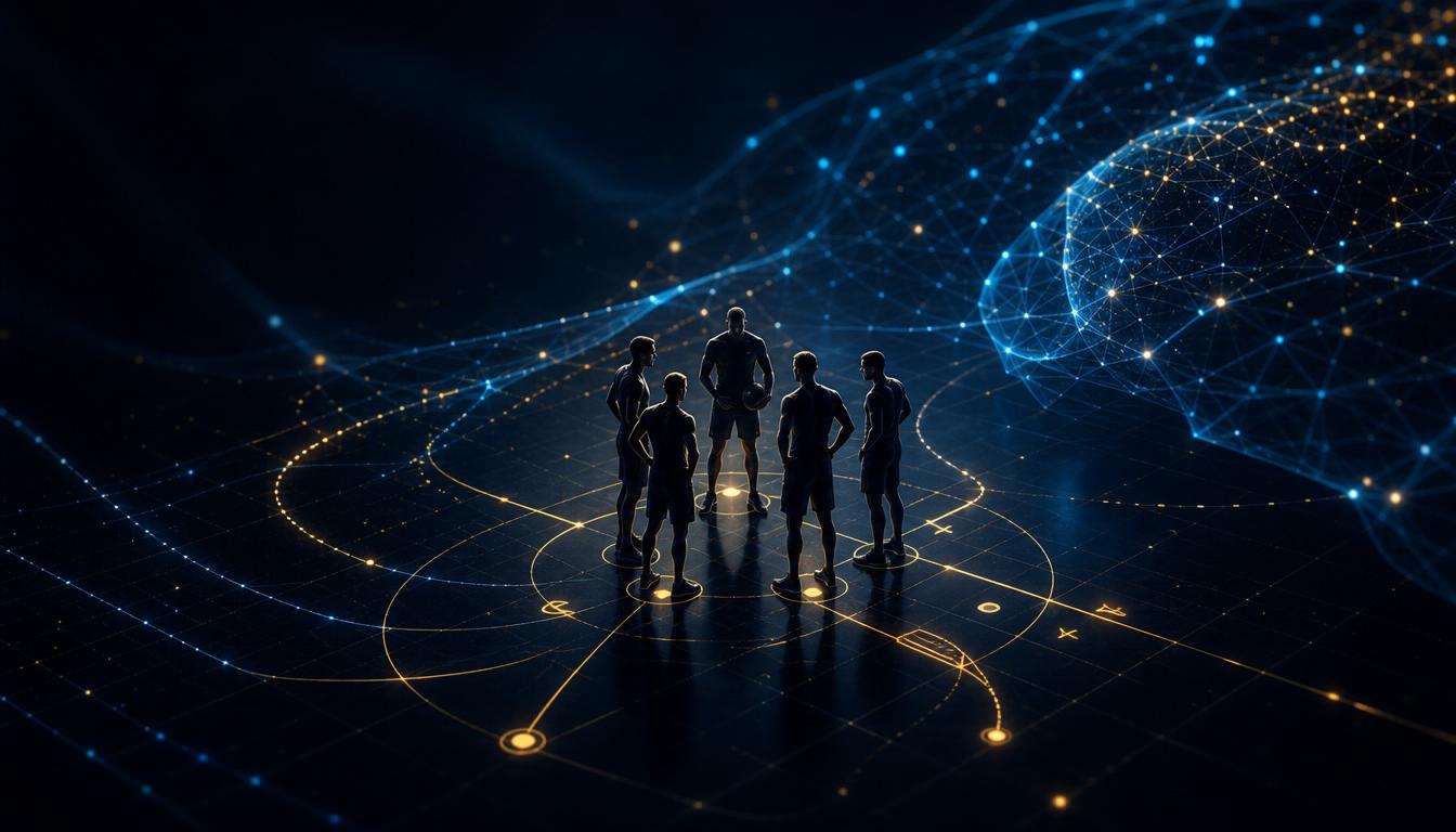 Elite sports team formation connected by AI strategy lines